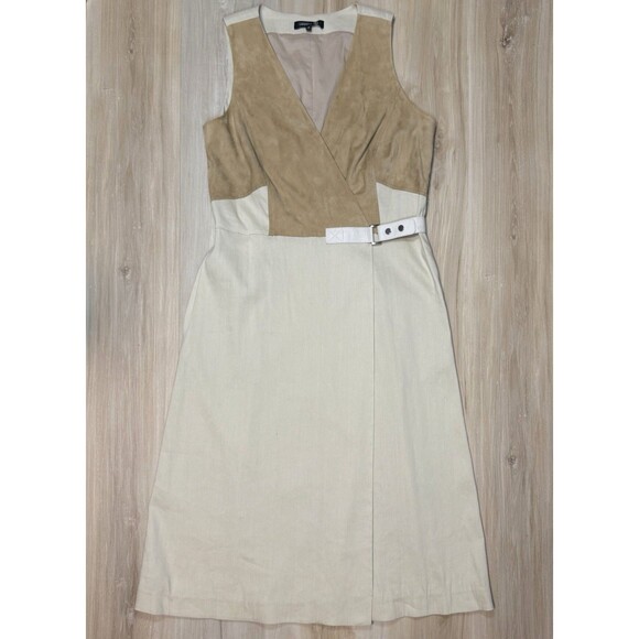 Lafayette 148 Leather Combo Wrap Dress A-Line w Buckle Beige Linen-Blend size 10 - Picture 9 of 16